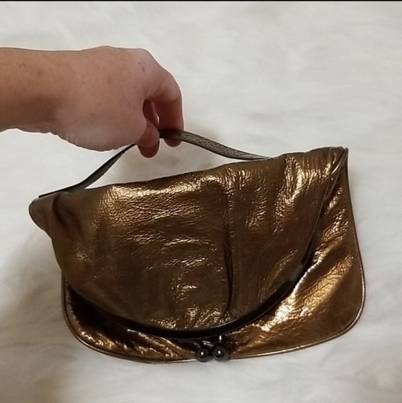 Hobo International Skyler bronze metallic leather fold-over kiss closure clutch - Picture 8 of 16